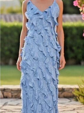BHLDN JIA PRINTED BIAS-CUT RUFFLED V-NECK GOWN